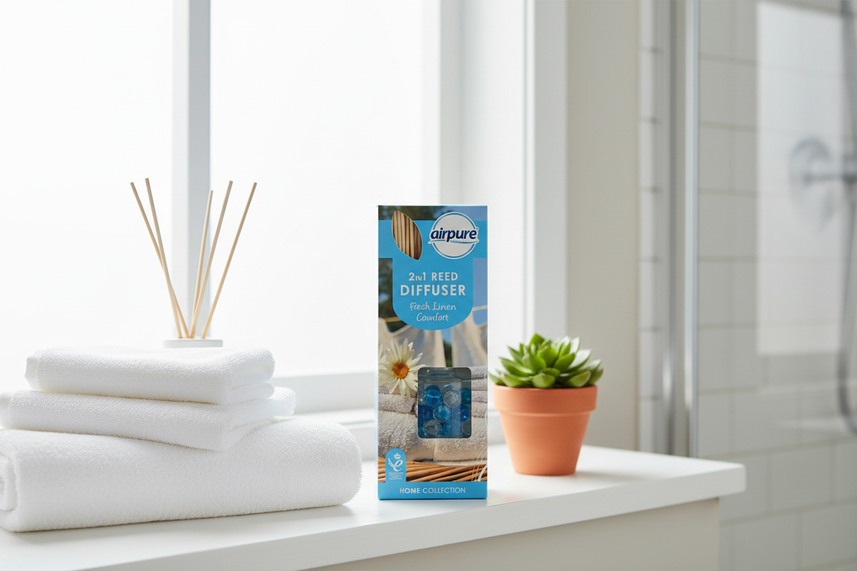 The Airpure - Fresh Linen 2 in 1 Reed Diffuser (30ml) sits on a white bathroom counter beside neatly folded towels, a reed jar, and a small potted plant, infusing the area with its refreshing home fragrance. In the background, a window and shower enhance the tranquil setting for this Airpure diffuser.