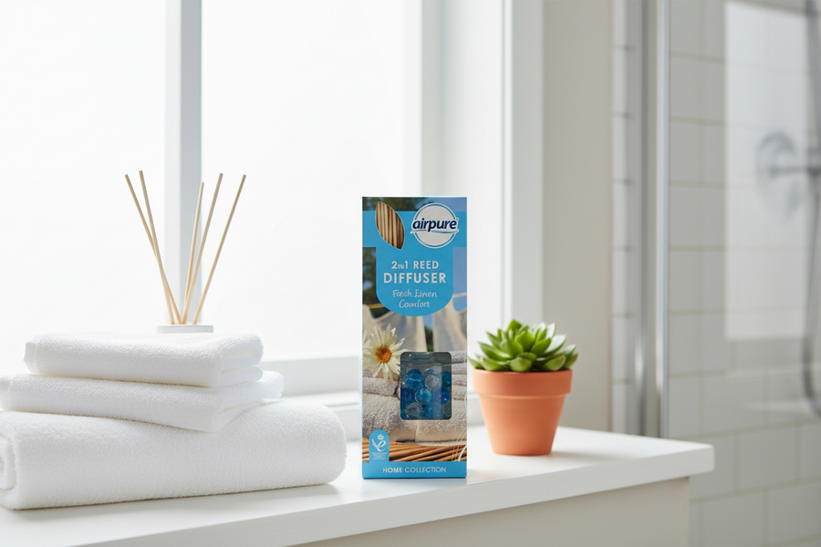 The Airpure - Fresh Linen 2 in 1 Reed Diffuser (30ml) sits on a white bathroom counter beside neatly folded towels, a reed jar, and a small potted plant, infusing the area with its refreshing home fragrance. In the background, a window and shower enhance the tranquil setting for this Airpure diffuser.