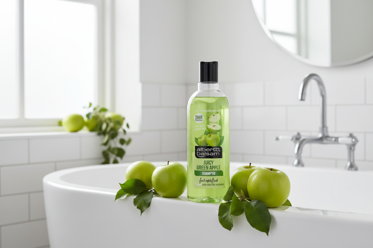 A bottle of Alberto Balsam - Juicy Green Apple Shampoo - 300ml is set on a white bathtub, surrounded by fresh green apples and leaves to evoke the invigorating scent of this fruity shampoo, with a sink, faucet, and mirror visible in the background.