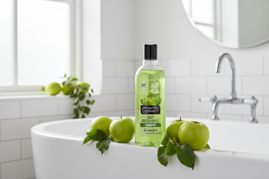 A bottle of Alberto Balsam - Juicy Green Apple Shampoo - 300ml is set on a white bathtub, surrounded by fresh green apples and leaves to evoke the invigorating scent of this fruity shampoo, with a sink, faucet, and mirror visible in the background.