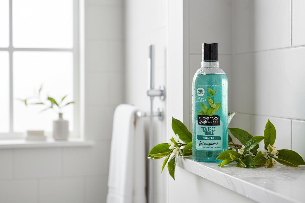 A bottle of Alberto Balsam - Tea Tree Tingle Shampoo - 300ml by Alberto Balsam rests on a white bathroom ledge, accompanied by green leaves. In the bright, tiled bathroom background, a towel and plant are also visible.