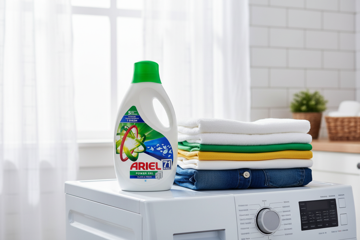 A bottle of Ariel - Clean & Fresh Power Gel 71 Washes (2.35kg) from Ariel sits on a washing machine next to neatly folded clothes in a bright laundry room, ready to tackle tough stains and keep your laundry looking its best.