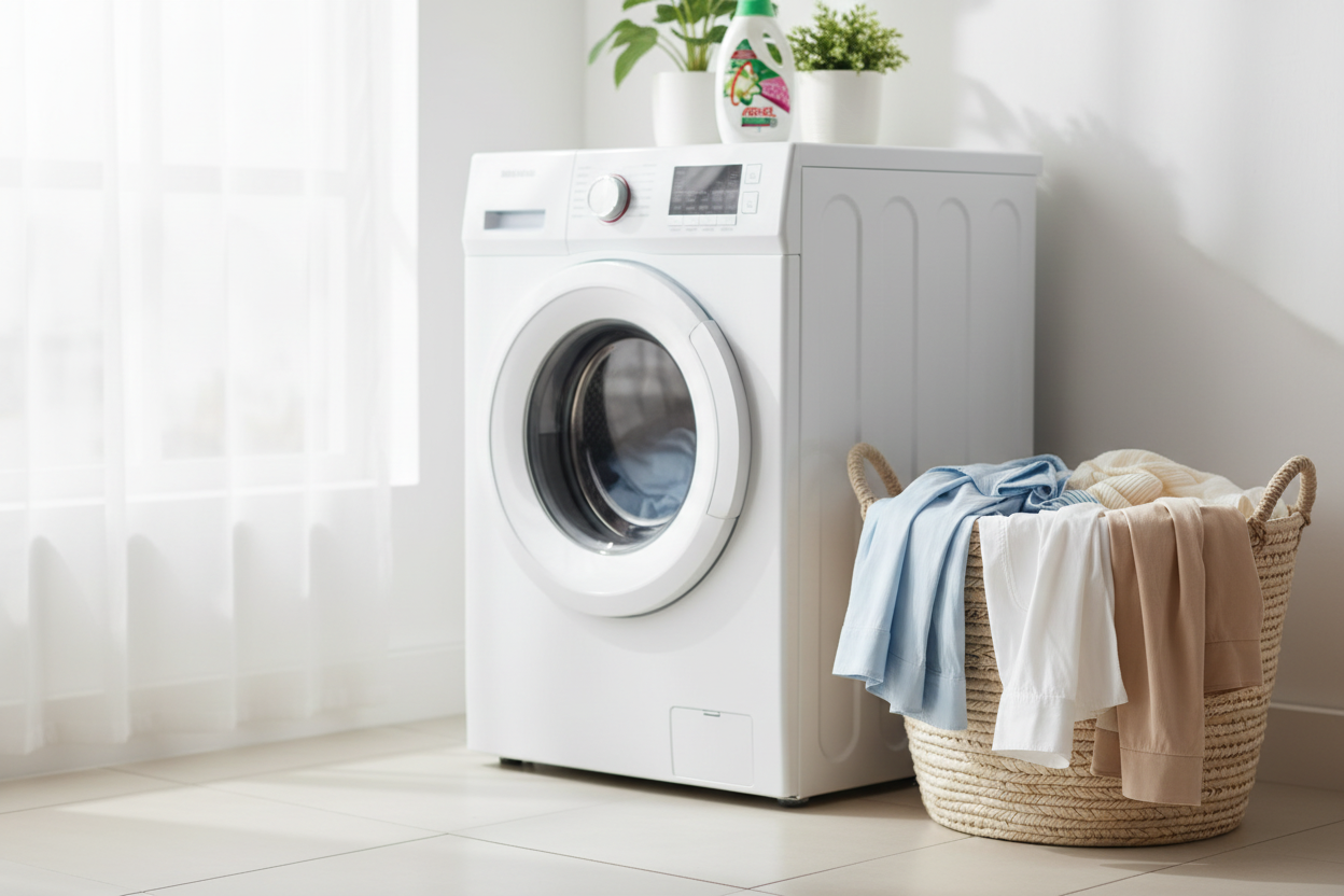 A front-loading washing machine sits next to a wicker laundry basket filled with clothes in a bright laundry room, ready to deliver Ariel - Downy Freshness Power Gel’s signature freshness—with every wash, thanks to the Ariel brand’s 2.35kg formula for up to 71 washes.