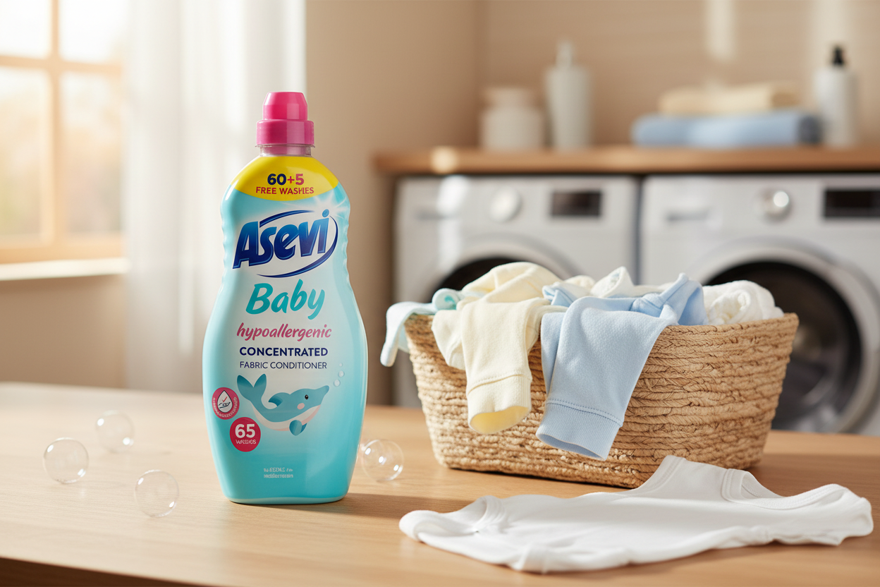 A 1495ml bottle of Asevi - Baby Hypoallergenic Concentrated Fabric Conditioner (65 washes) stands next to a wicker basket filled with baby clothes in a laundry room, with a washing machine and dryer in the background, highlighting its gentle care for sensitive skin.