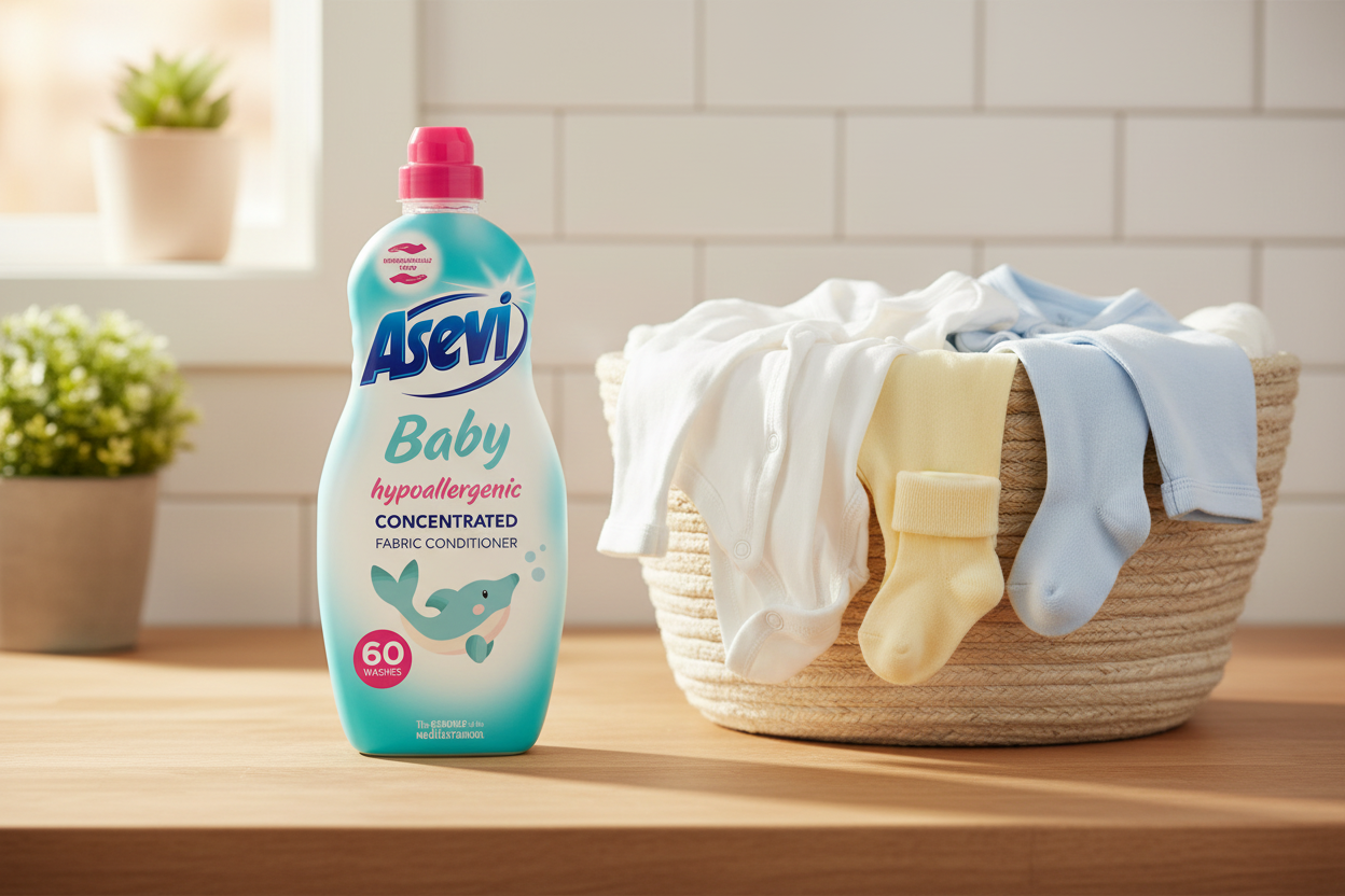 A bottle of Asevi - Baby Hypoallergenic Concentrated Fabric Conditioner 60 Washes (1380ml) sits on a wooden counter beside a basket of neatly folded baby clothes and socks, making it the ideal choice from Asevi for sensitive skin in need of a gentle, baby-friendly fabric softener.
