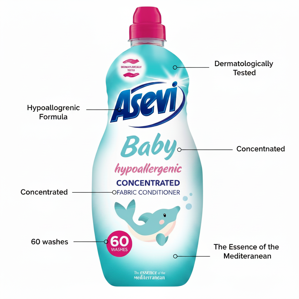 Asevi - Baby Hypoallergenic Concentrated Fabric Conditioner 60 Washes (1380ml) is a gentle baby fabric softener formulated for sensitive skin, dermatologically tested, and features hypoallergenic labels and dolphin graphics.