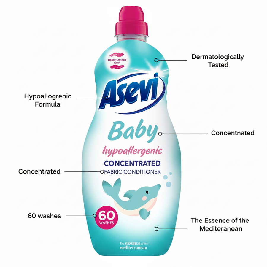 Asevi - Baby Hypoallergenic Concentrated Fabric Conditioner 60 Washes (1380ml) is a gentle baby fabric softener formulated for sensitive skin, dermatologically tested, and features hypoallergenic labels and dolphin graphics.