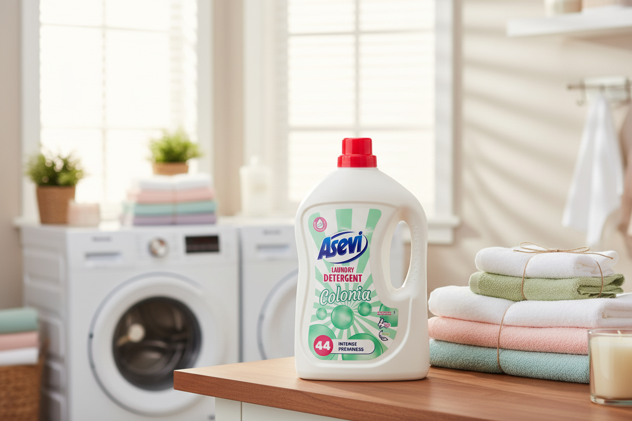 A bottle of Asevi - Colonia Laundry Detergent 44 Washes (2376ml) sits on a wooden counter in a bright laundry room with a washing machine and folded towels in the background. This enzyme-powered detergent from Asevi fills the space with its long-lasting Colonia fragrance.