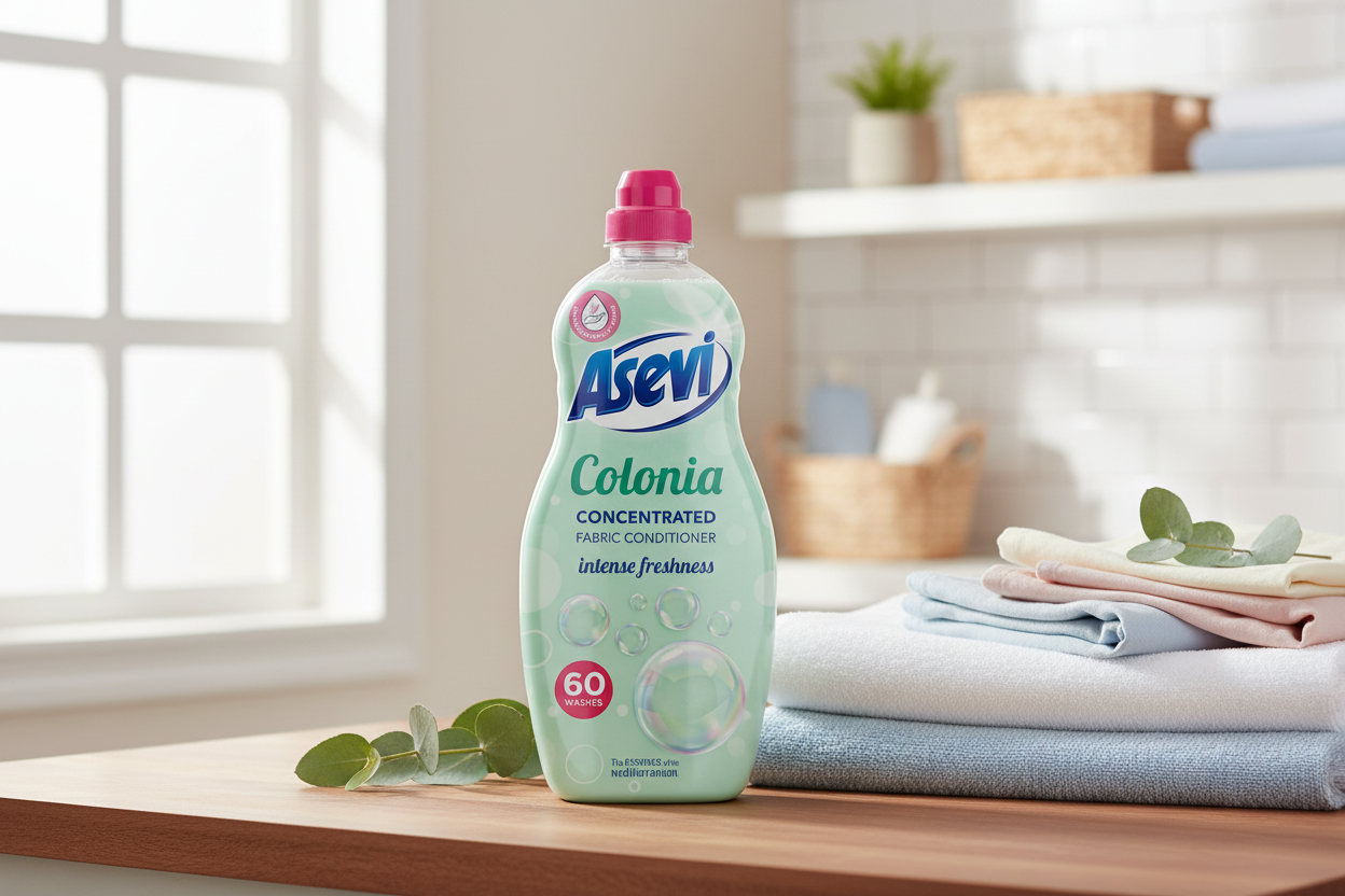 A bottle of Asevi Colonia concentrated fabric conditioner with a pink cap, placed on a wooden counter next to folded towels and green leaves, with a bright, softly blurred kitchen or laundry room background.
