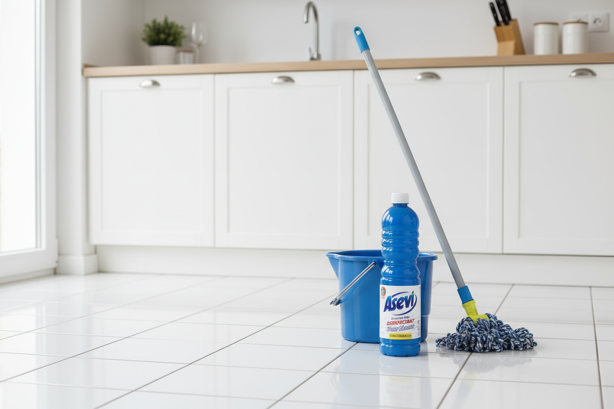 A bottle of Asev All Purpose Cleaner and a blue bucket with a mop handle arranged on a white tiled floor in front of a blurred kitchen background.