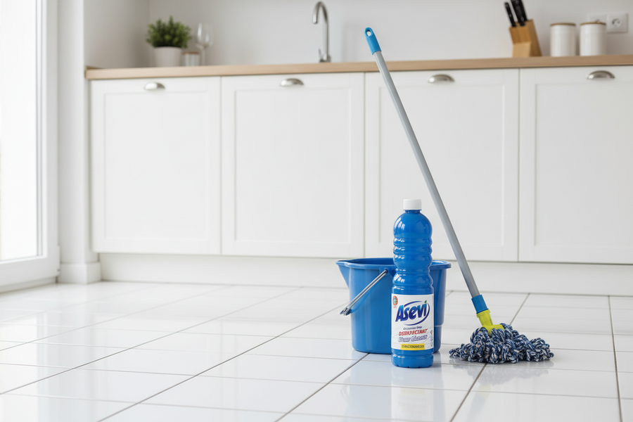 A bottle of Asev All Purpose Cleaner and a blue bucket with a mop handle arranged on a white tiled floor in front of a blurred kitchen background.