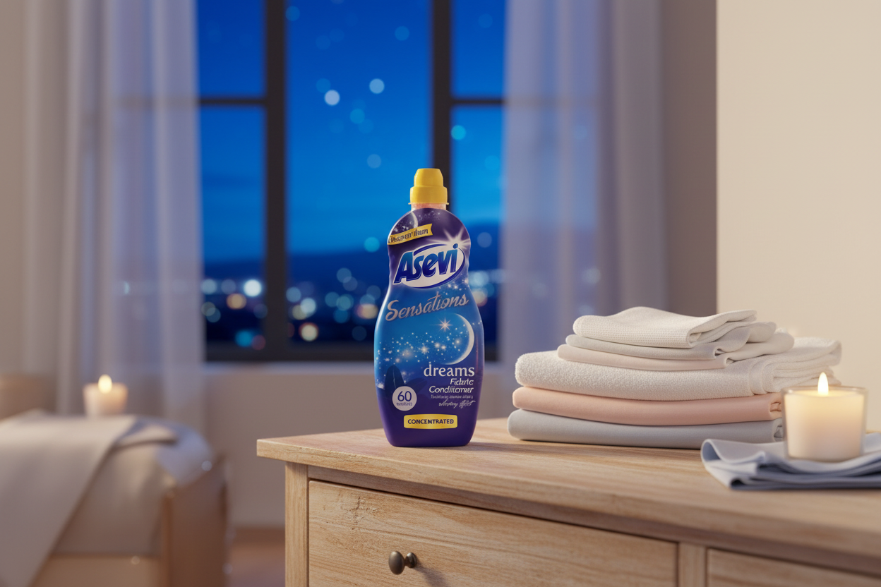 A bottle of Asevi - Sensations Dreams Concentrated Fabric Conditioner 60 Washes - 1320ml rests on a wooden dresser beside neatly folded towels and softly glowing candles in a gently lit bedroom at night, infusing the air with its long-lasting scent and luxurious Dreams fragrance.