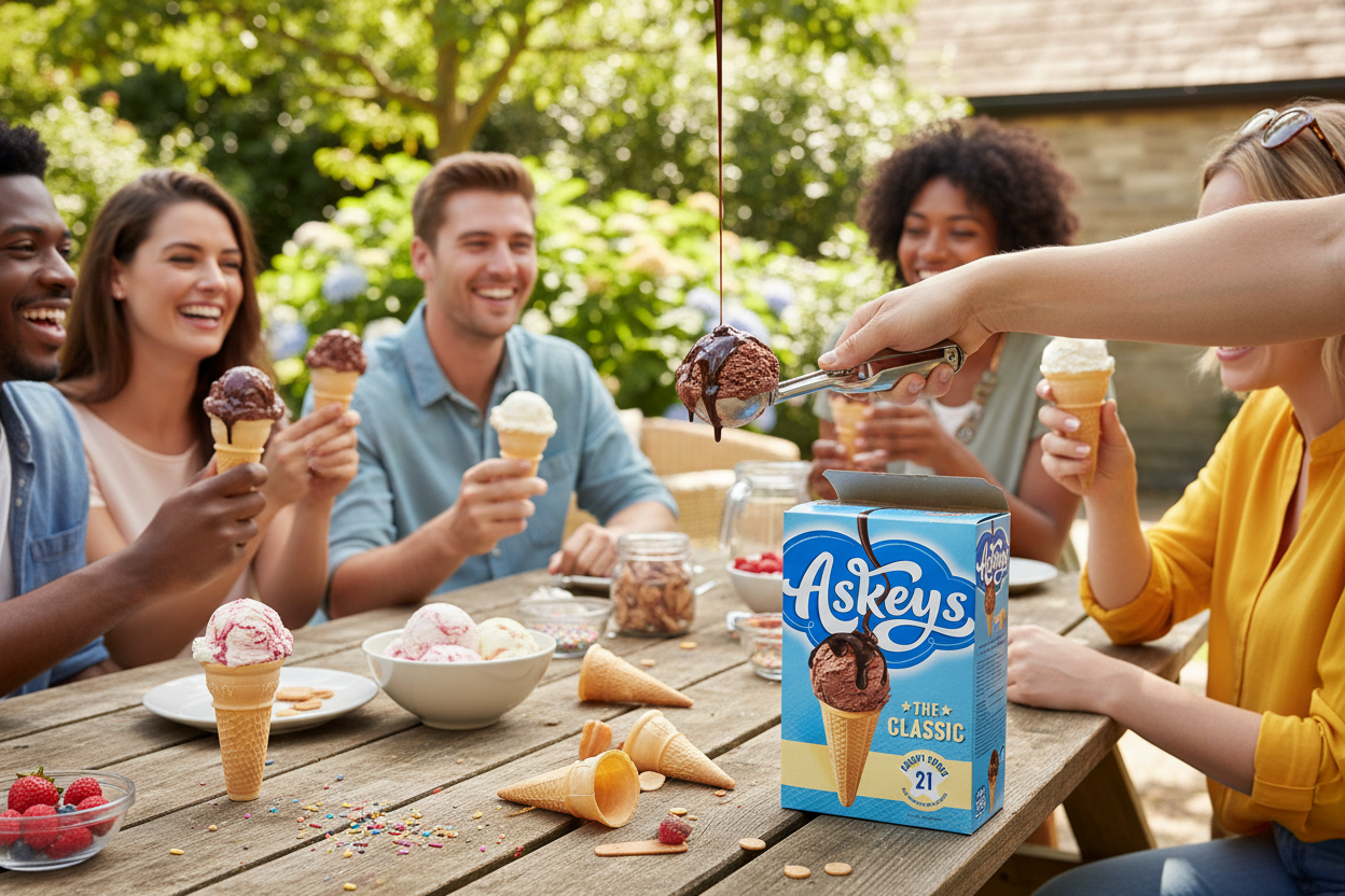 Four people sit at an outdoor table enjoying delicious ice cream served in Askeys Round Icecream Cones from the 21 pack, while another person offers a scoop. A box labeled “Askeys - Round Icecream Cones - 21 Pack” is on the table, accompanied by waffle cones and assorted toppings.