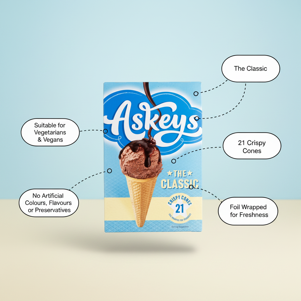 Enjoy the Askeys Round Icecream Cones 21 Pack—a generous family pack of classic round cones, vegan-friendly with no artificial additives and sealed for freshness.