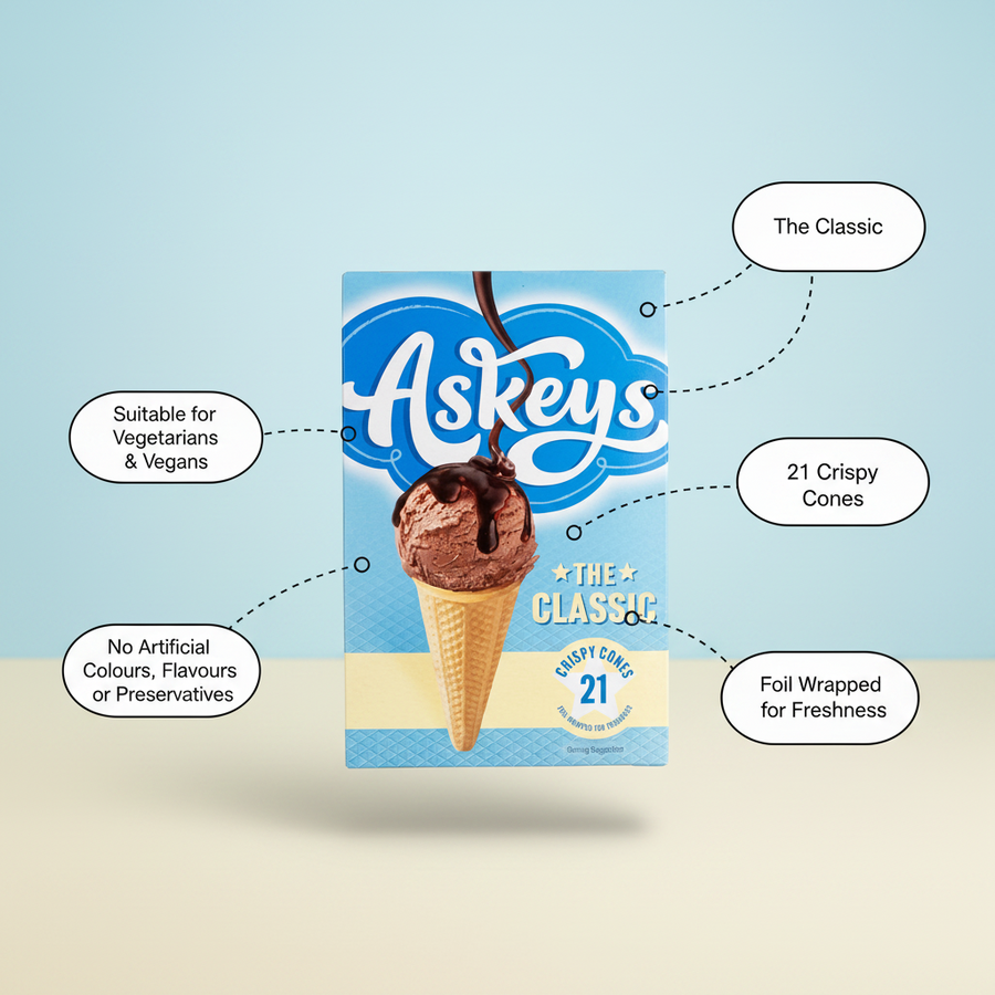 Enjoy the Askeys Round Icecream Cones 21 Pack—a generous family pack of classic round cones, vegan-friendly with no artificial additives and sealed for freshness.