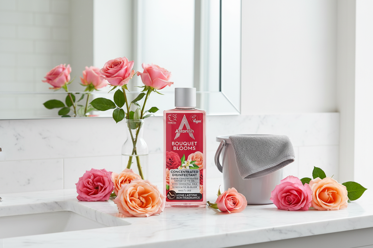 An Astonish Bouquet Blooms Concentrated Disinfectant (300ml), accompanied by a gray cleaning cloth and a small bucket, is arranged alongside fresh roses on a white bathroom countertop in front of a mirror.