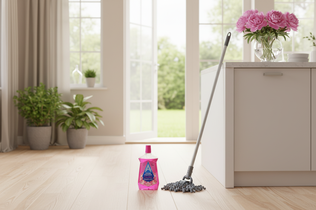 An Astonish Peony Bloom Floor Cleaner (1L) and a mop are set on a wooden floor in a bright kitchen, with flowers in a vase and plants by an open door. The cleaner is a cruelty-free and vegan option from Astonish.