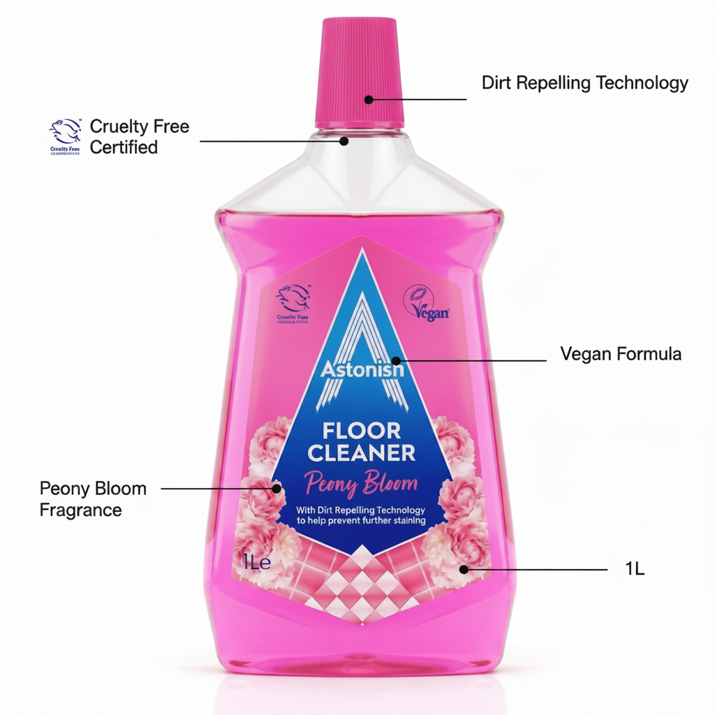 Astonish - Peony Bloom Floor Cleaner (1L) is a vegan, cruelty-free formula featuring advanced dirt-repelling technology and a fresh peony bloom fragrance.