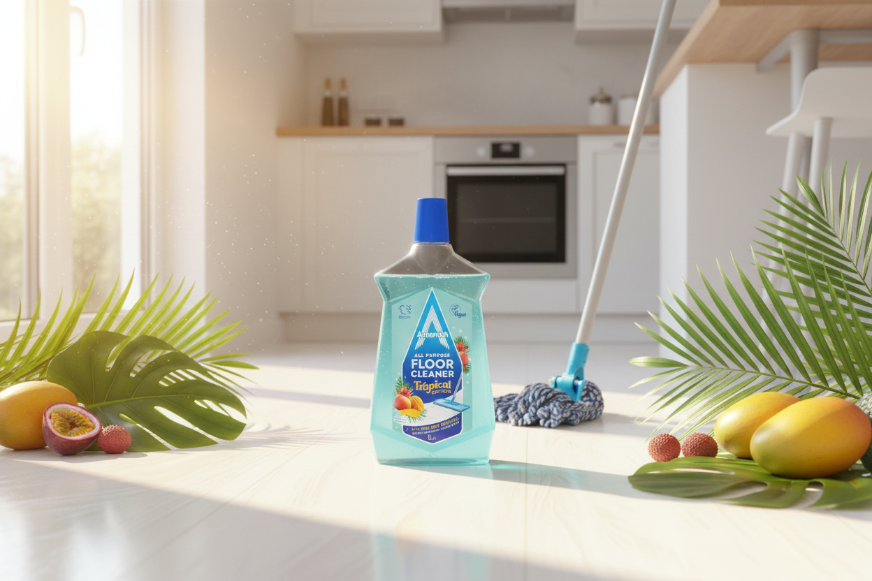 A 1L bottle of Astonish - Tropical Edition All Purpose Floor Cleaner is displayed on a kitchen floor alongside a mop, surrounded by vibrant tropical fruits and lush palm leaves. This cruelty-free cleaner from Astonish infuses your home with the fresh essence of the tropics while leaving your floors gleaming.