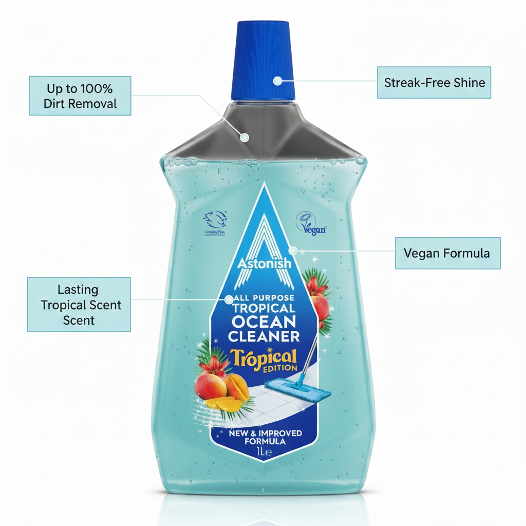 A 1-liter bottle of Astonish - Tropical Edition All Purpose Floor Cleaner, featuring labels that emphasize its tropical fragrance, vegan and cruelty-free formula, streak-free shine, and up to 100% dirt removal—making it the ideal all-purpose floor cleaner for your home.