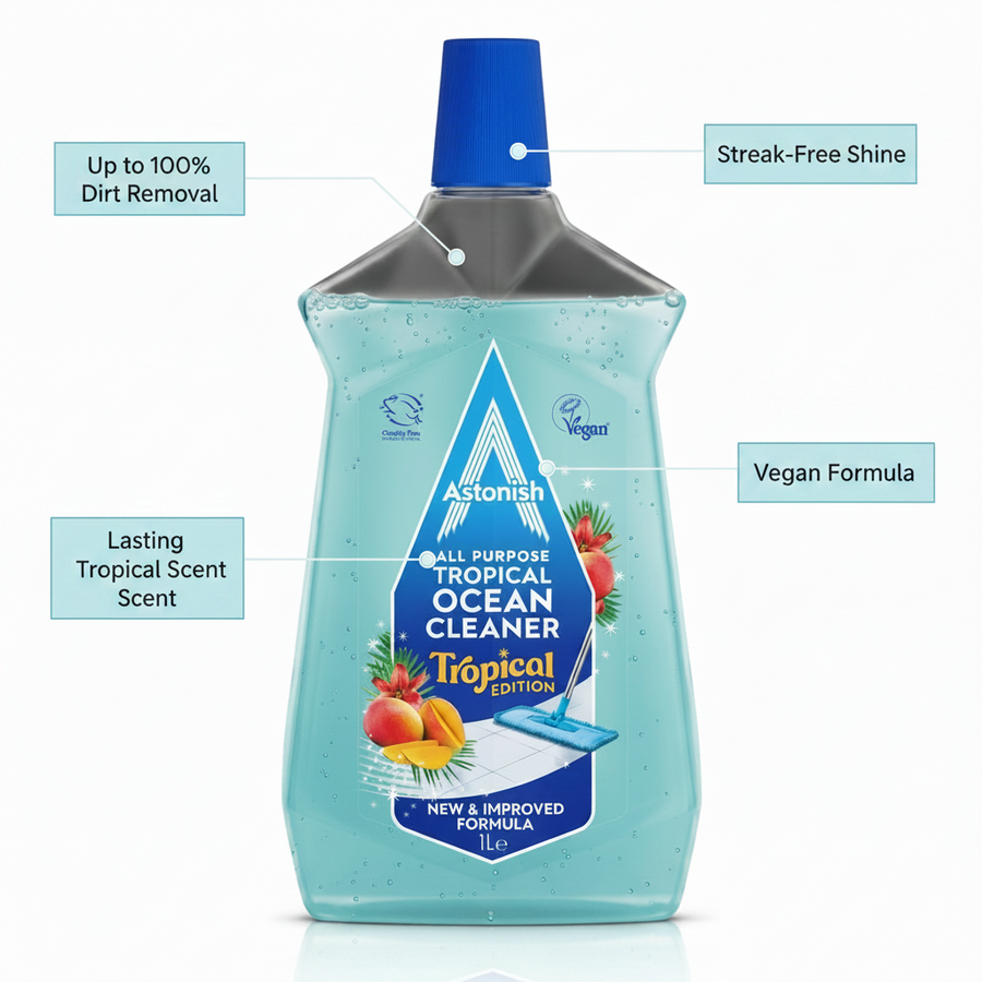 A 1-liter bottle of Astonish - Tropical Edition All Purpose Floor Cleaner, featuring labels that emphasize its tropical fragrance, vegan and cruelty-free formula, streak-free shine, and up to 100% dirt removal—making it the ideal all-purpose floor cleaner for your home.