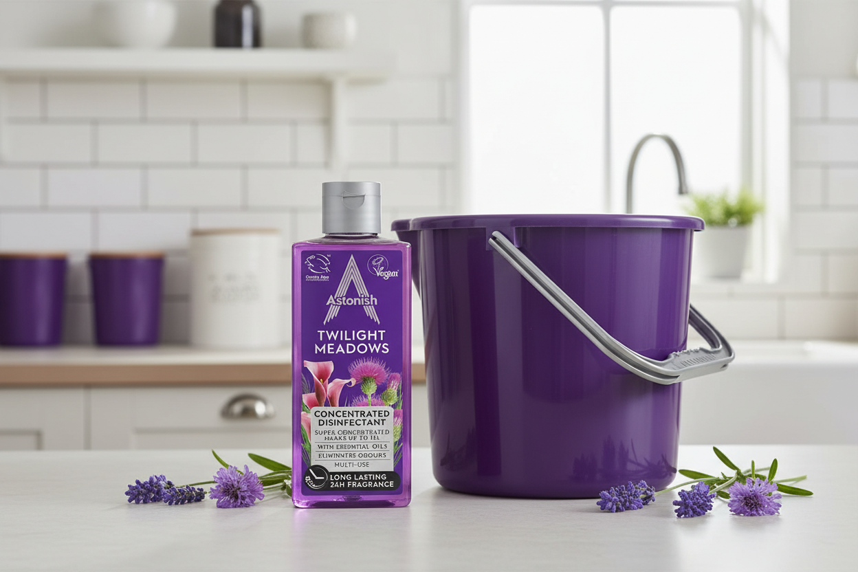 A 300ml bottle of Astonish - Twilight Meadows Concentrated Disinfectant stands beside a purple bucket on a kitchen counter, with lavender flowers scattered nearby. This plant-based, multi-use cleaner from Astonish delivers long-lasting freshness to your home while being environmentally conscious.