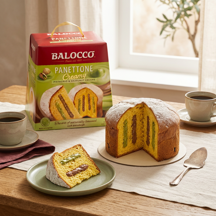 A Balocco - Panettone Creamy Pistachio & Hazelnut Cream Cake sliced to reveal its cream centers, with the boxed cake in the background and a slice on a small plate.