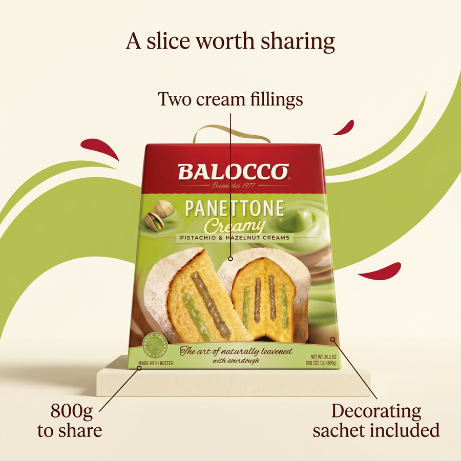 Box of Balocco - Panettone Creamy Pistachio & Hazelnut Cream Cake - 800g with lines pointing to features including two cream fillings, an 800g weight, and an included decorating sachet.