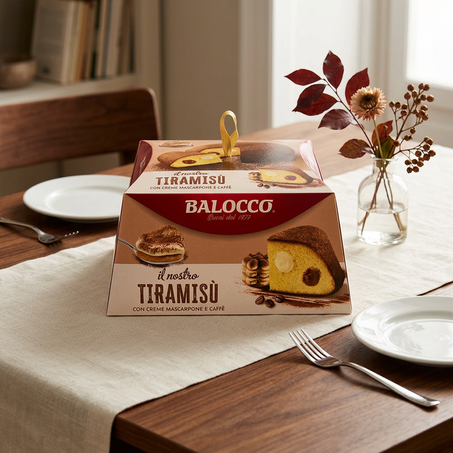 A boxed dessert product labeled BALOCCO Il nostro TIRAMISÜ sits on a wooden dining table in a real indoor setting, with plates, a fork, and a small vase of dried flowers around it.