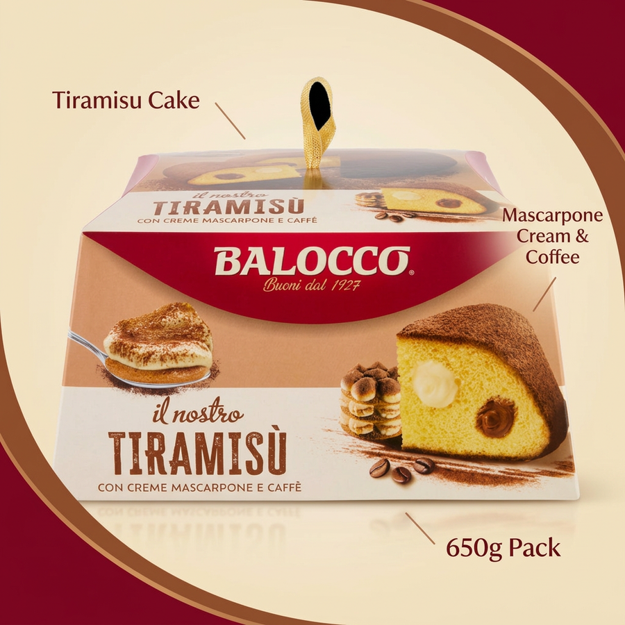 Packaging for a 650g Balocco - Tiramisu Cake with Mascarpone Cream & Coffee, showing a slice with mascarpone and coffee filling, a spoonful of tiramisu, and coffee beans.