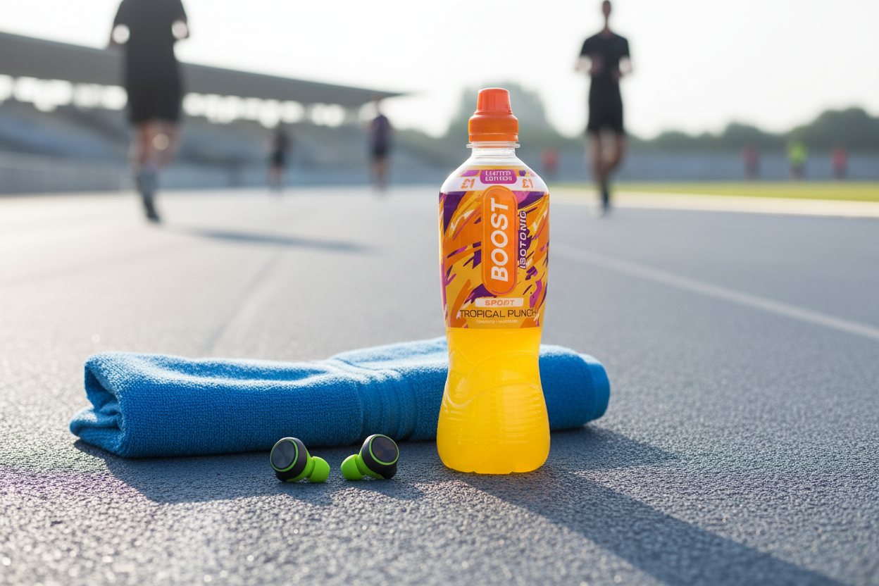 A 500ml bottle of Boost - Sport Isotonic Tropical Punch Drink, accompanied by a blue towel and green wireless earbuds, sits on a running track as people jog in the background, emphasizing the importance of staying hydrated during every workout.