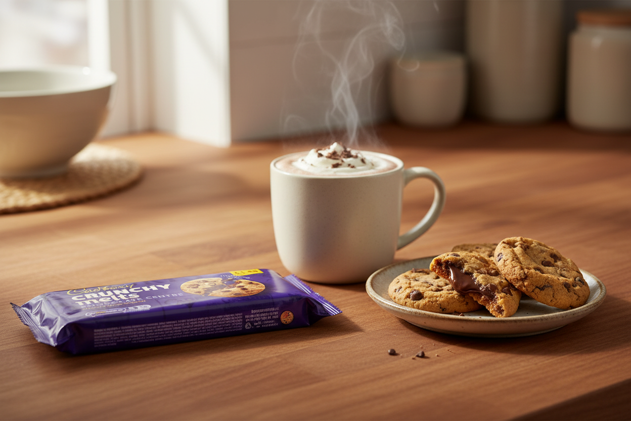 A package of chocolate chip cookies lies on a wooden table beside a white mug of steaming hot chocolate and a small plate of cookies. The cookie package is wrapped in a deep purple wrapper with yellow text.