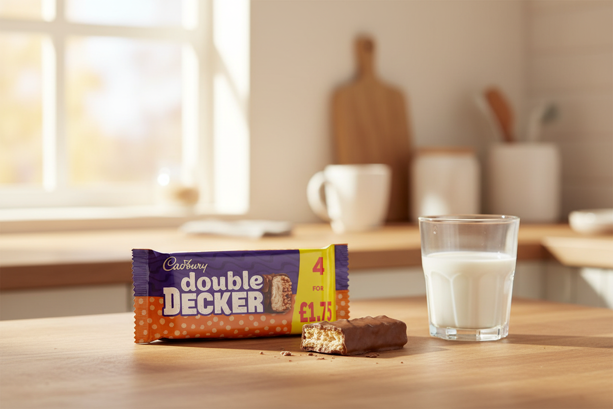 A Cadbury Double Decker chocolate bar in its purple and orange wrapper sits on a wooden table next to a glass of milk, with a blurred kitchen background.