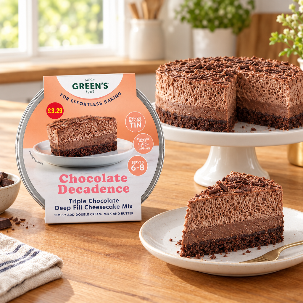 A chocolate cheesecake with a cookie crust is presented on a plate beside its packaging for Green’s - Chocolate Decadence Cheesecake Mix (218g), which features the included chocolate cheesecake mix and baking tin, set on a wooden table.