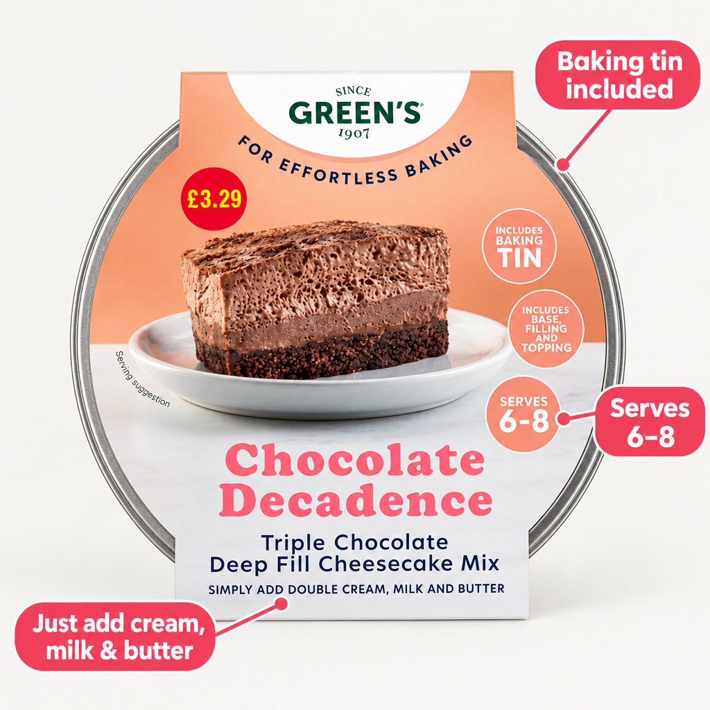 A box of Green’s Chocolate Decadence Cheesecake Mix (218g) displays a tempting slice of cheesecake, highlights key features, price, and serving size on the packaging—ideal for crafting a rich chocolate dessert at home.