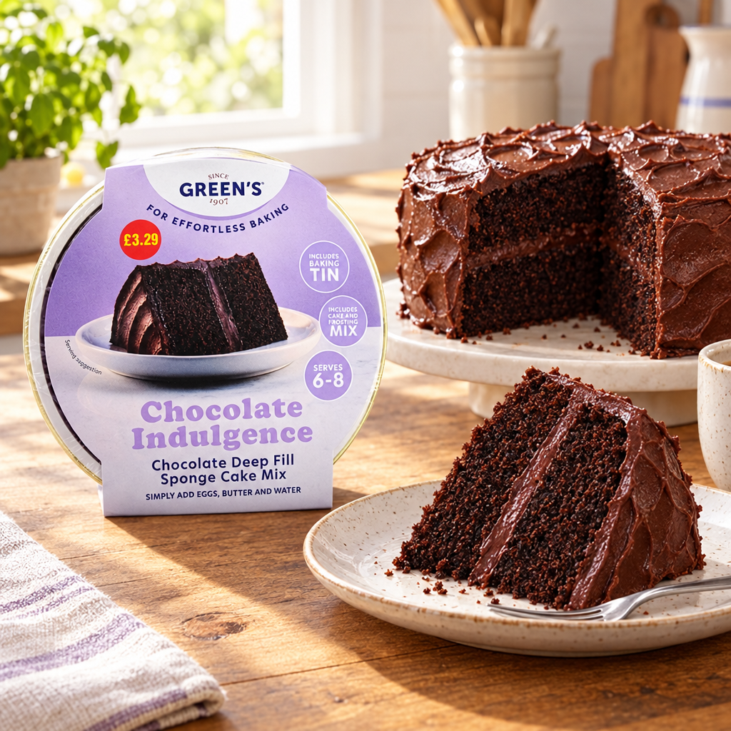 A slice of chocolate sponge cake and the packaged Green's Tins Chocolate Indulgence cake mix are displayed on a wooden table in a kitchen setting.