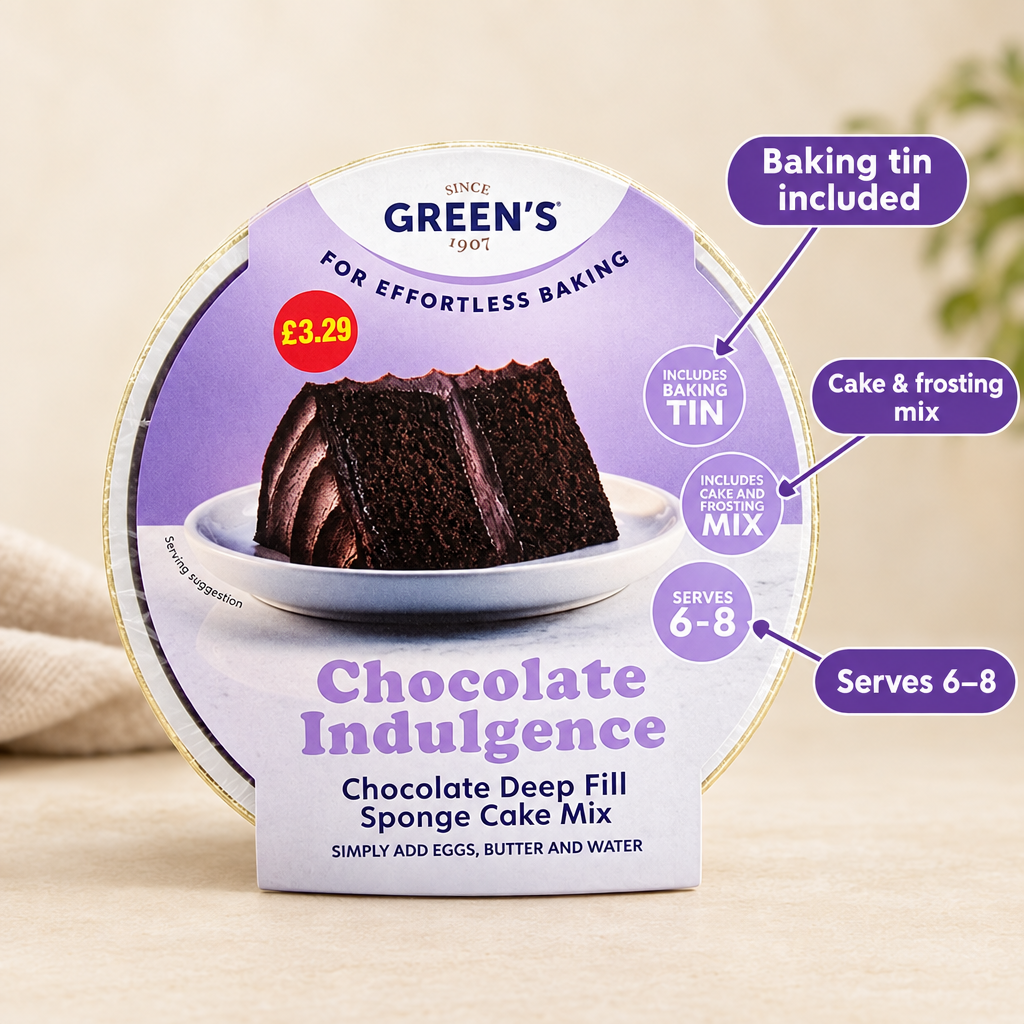 Green's Chocolate Indulgence sponge cake mix in a round tin package, shown on a light beige surface with callout labels pointing out included baking tin, cake and frosting mix, and serving size 6-8.
