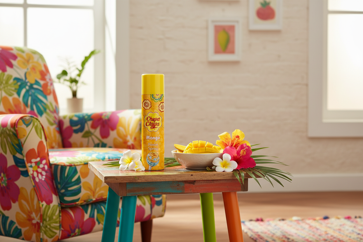 A can of Ocean Spray Mango spread on cookies stands on a small colorful table in a bright, tropical-themed room with a floral armchair, flowers, and a bowl of mangoes.