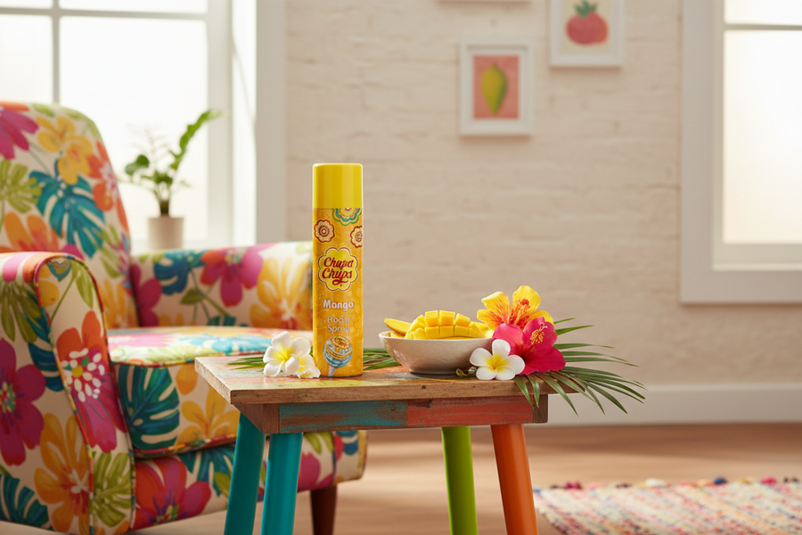 A can of Ocean Spray Mango spread on cookies stands on a small colorful table in a bright, tropical-themed room with a floral armchair, flowers, and a bowl of mangoes.