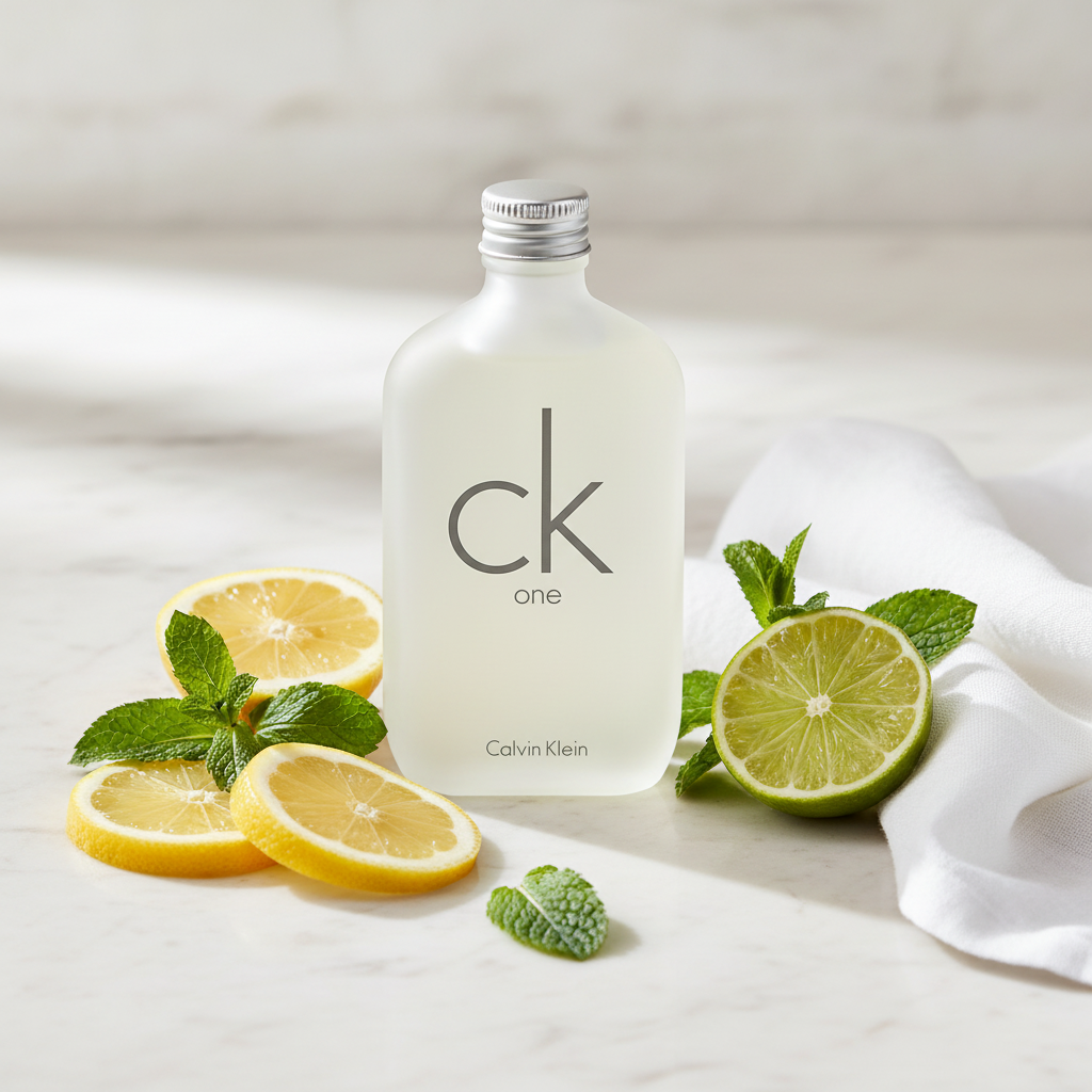 A 100ml bottle of CK One Unisex Eau de Toilette by CK One is set on a marble surface, surrounded by lemon and lime slices, fresh mint leaves, and a white cloth.