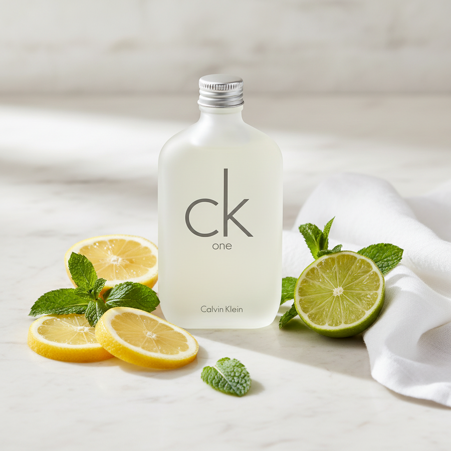 A 100ml bottle of CK One Unisex Eau de Toilette by CK One is set on a marble surface, surrounded by lemon and lime slices, fresh mint leaves, and a white cloth.