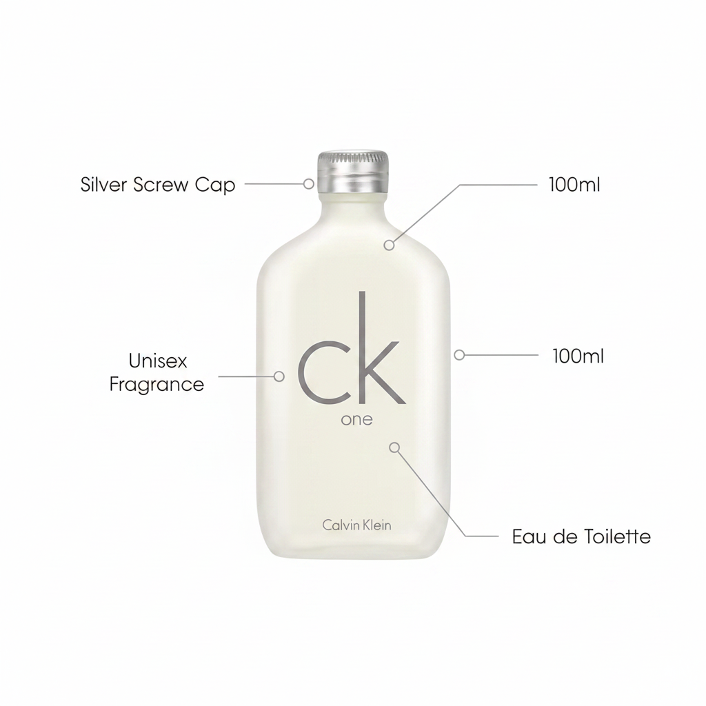 Calvin Klein CK One unisex fragrance bottle in a frosted off-white finish with a silver screw cap, shown with callout labels indicating dimensions and materials on a white background.