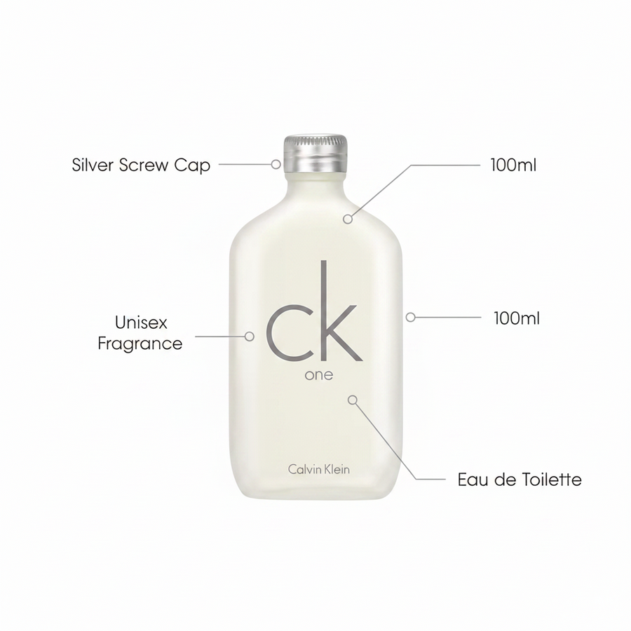 Calvin Klein CK One unisex fragrance bottle in a frosted off-white finish with a silver screw cap, shown with callout labels indicating dimensions and materials on a white background.