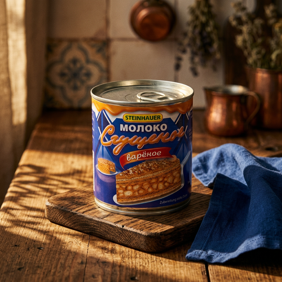 A can of Steinhauser condensed milk placed on a rustic wooden cutting board on a wooden table, with a blue cloth and warm copper mugs in the background.