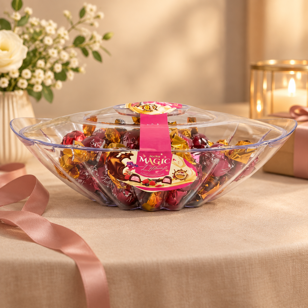 A clear bowl filled with assorted wrapped candies, including delicious Doriva Magic Milk Chocolate Truffle with Strawberry Cream, sits on a beige tablecloth, surrounded by a ribbon, flowers, a lit candle, and a charming Doriva Magic Gift Box (540g).