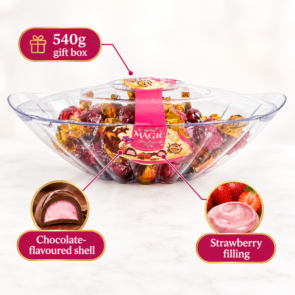 A clear plastic bowl holds an assortment of individually wrapped Doriva Magic Milk Chocolate Truffle with Strawberry Cream Gift Box (540g); featuring a chocolate-flavoured shell with luscious strawberry cream filling—ideal for fans of Doriva Magic’s milk chocolate truffles.