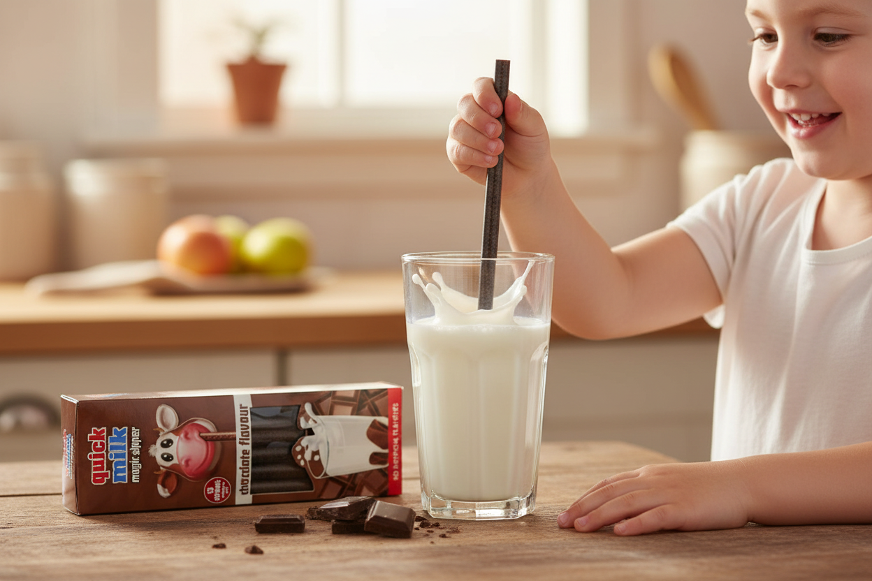 A child stirs a Dr Moo Quick Milk Sipper Chocolate straw in a glass of milk next to a box of Dr Moo - Quick Milk Sipper Chocolate (13 Straws) and chocolate pieces on a kitchen table.