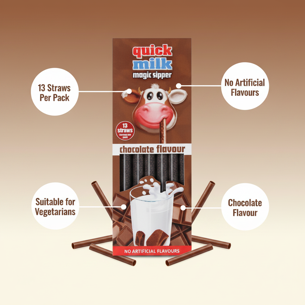 Enjoy a fun and delicious way to transform any glass of milk with Dr Moo Quick Milk Sipper Chocolate. Each box contains 13 chocolate-flavoured straws, clearly labelled as having no artificial flavours, suitable for vegetarians, and delivering a rich chocolate taste—making every sip magically delicious.