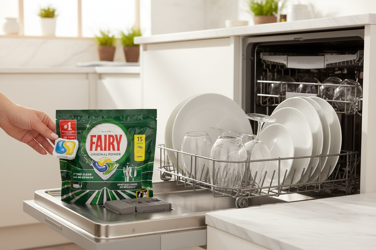 A hand places a Fairy - All In One Original Dishwasher Capsule into an open dishwasher filled with clean dishes. A pack of Fairy - All In One Original Dishwasher Capsule (15 capsules) is displayed on the door, showcasing the trusted Fairy brand for spotless shine every time.