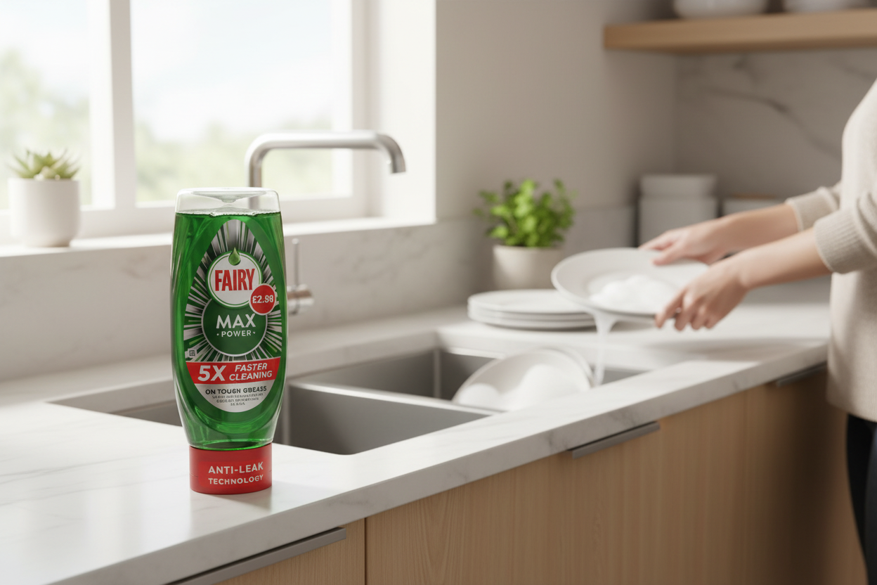 A bottle of Fairy - Max Power Antibacterial Dishwashing Liquid (450ml) by Fairy sits on a kitchen counter while a person washes dishes in a bright, modern kitchen, enjoying its concentrated formula for powerful grease removal.